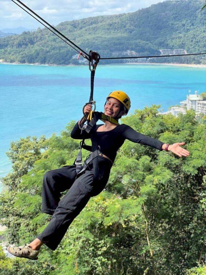 Zipline above the sea at Skyline Flying, Kamala